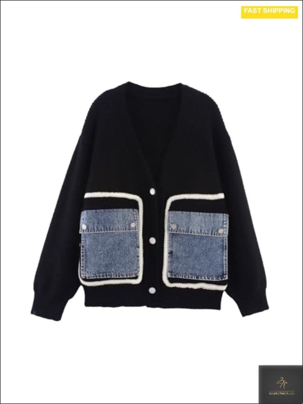 Open Front Patchwork Cardigan Sweater Jacket with Denim Pockets
